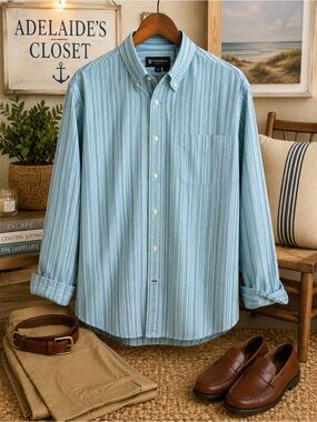 Cremieux Men’s XL Aqua Blue Striped 100% Cotton Button Down Classic Shirt
